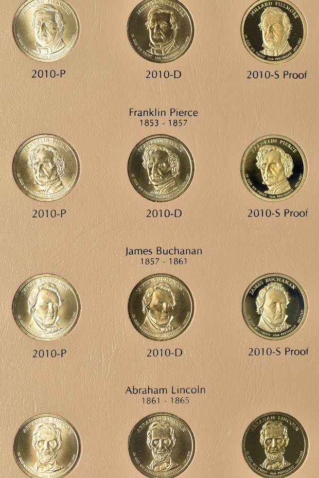Complete collections of Susan B. Anthony dollars, Eisenhower dollars, and Presidential dollars through 2011-S, all including proof-only issues, in Dansco albums