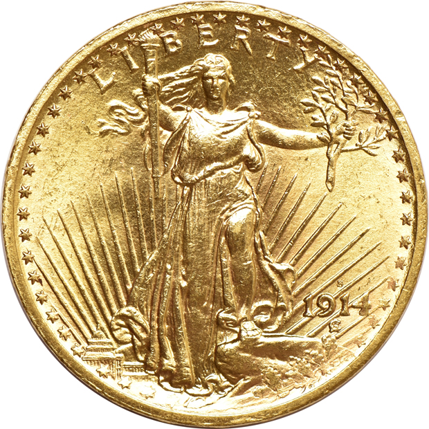1874-S Liberty double-eagles, and a 1914-S Saint-Gaudens double-eagle, as described
