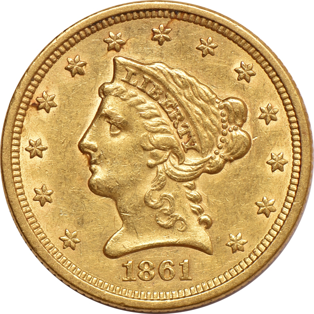 1853 Liberty half eagle, and an 1861 Liberty quarter-eagle, both AU
