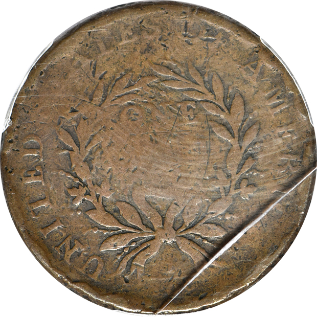 1793 Wreath, Vine, and Bars PCGS VG details/rim damage