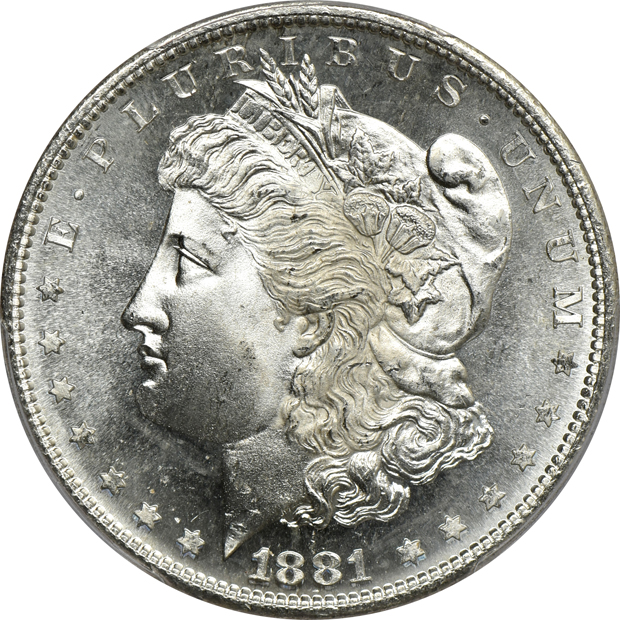 1881-S MS-66, 1881-S MS-66+, and an 1881-S MS-66PL, all PCGS
