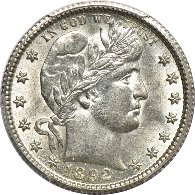 1892-O Barber quarter and a 1908 Barber half-dollar, both PCGS AU-58