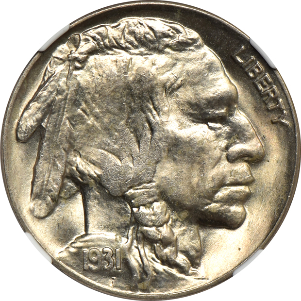 1913 Type 1 Buffalo nickel MS-66, 1931-S Buffalo nickel MS-65, and a 1936 Wisconsin Silver Commemorative half-dollar MS-66, all NGC
