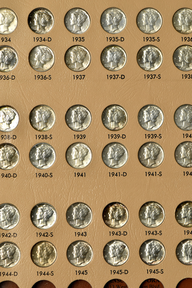Complete collection of Mercury dimes in a Dansco 7123 album