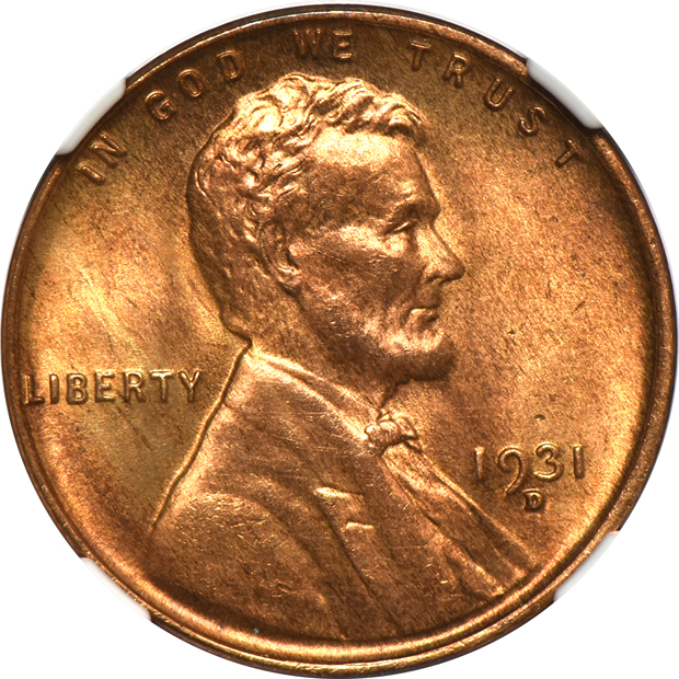 1912 MS-63 RD, 1925 MS-66 RD, and a 1931-D MS-65 RB, all NGC