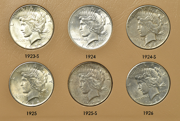 Complete collection of Peace silver dollars in a Dansco 7175 album