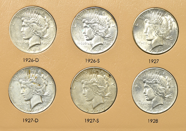 Complete collection of Peace silver dollars in a Dansco 7175 album