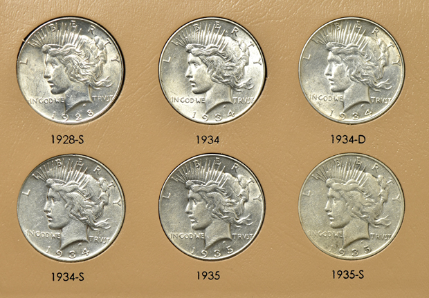 Complete collection of Peace silver dollars in a Dansco 7175 album