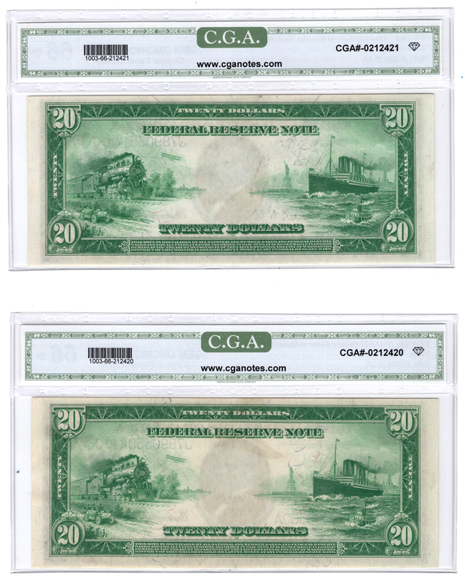 Consecutive pair of 1914 $20 Kansas City Blue Seal Fr# 1003 - CGA GemCU-66/original paper quality