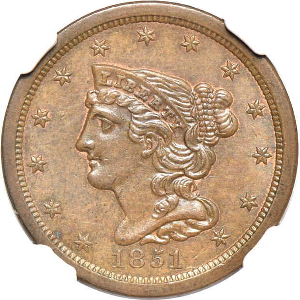 1851 C-1 MS-62 BN, and an 1855 C-1 MS-63 BN, both NGC