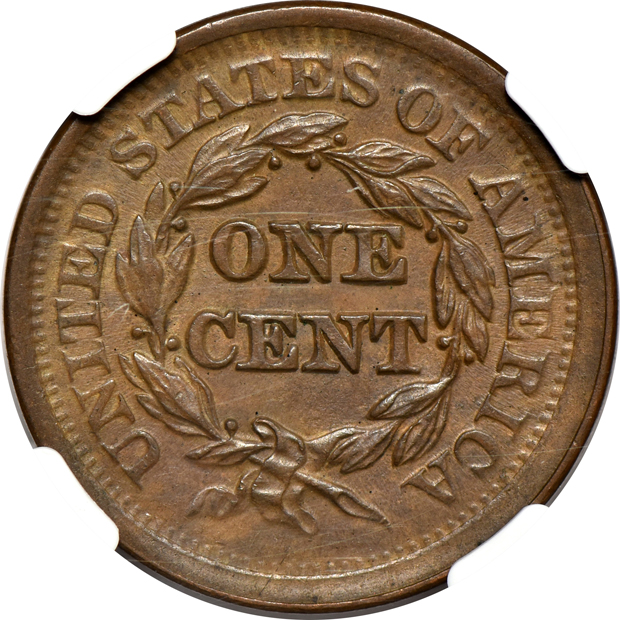 1852 MS-62 BN, and an 1857 Small Date UNC details/cleaned, both NGC