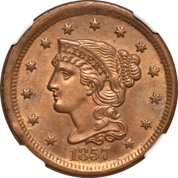 1852 MS-62 BN, and an 1857 Small Date UNC details/cleaned, both NGC