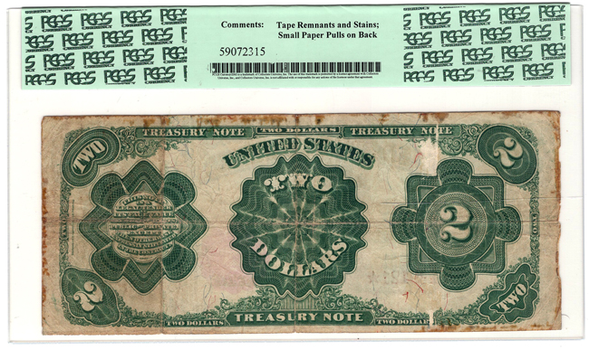 1891 $2 Fr# 357 - PCGS F-15/tape remnants and stains/small paper pulls