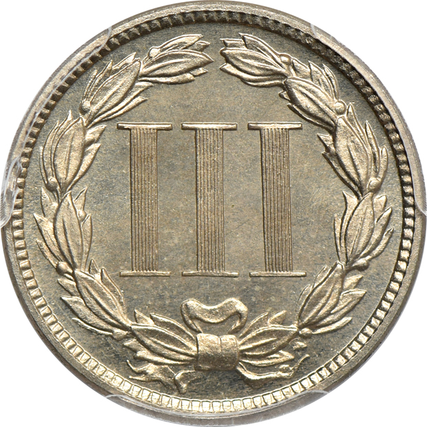 1861 three-cent silver MS-64, 1866 three-cent nickel MS-64, and an 1884 three-cent nickel PR-65, all PCGS CAC