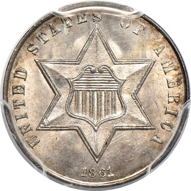 1861 three-cent silver MS-64, 1866 three-cent nickel MS-64, and an 1884 three-cent nickel PR-65, all PCGS CAC