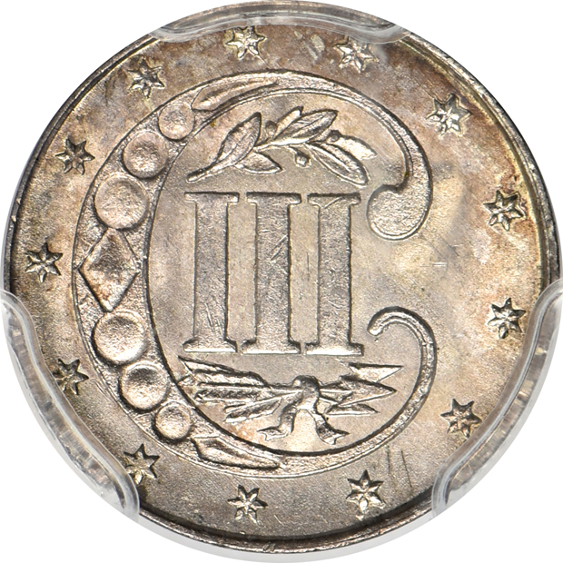 1861 three-cent silver MS-64, 1866 three-cent nickel MS-64, and an 1884 three-cent nickel PR-65, all PCGS CAC