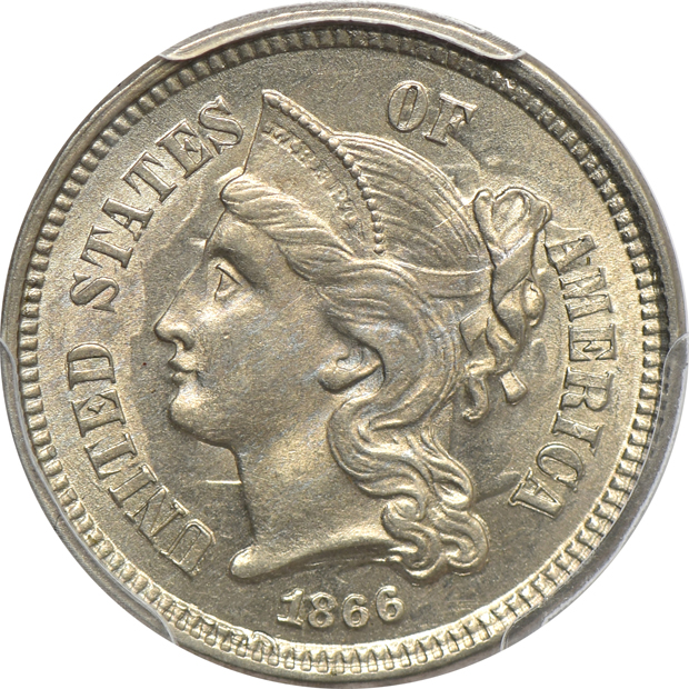 1861 three-cent silver MS-64, 1866 three-cent nickel MS-64, and an 1884 three-cent nickel PR-65, all PCGS CAC