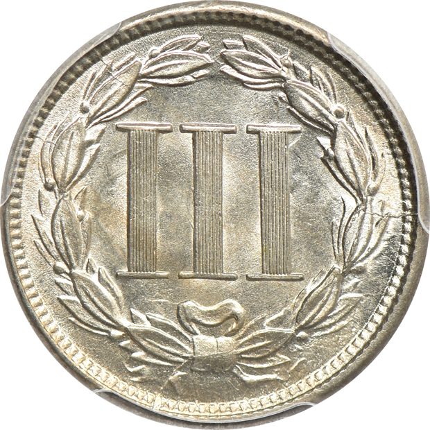 1861 three-cent silver MS-64, 1866 three-cent nickel MS-64, and an 1884 three-cent nickel PR-65, all PCGS CAC