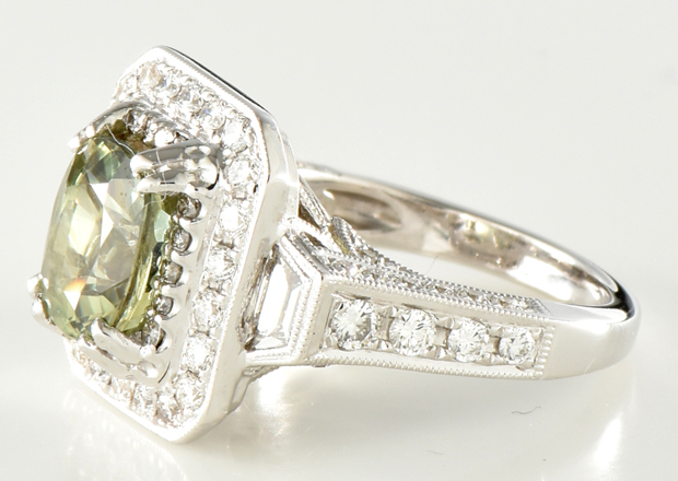 18K White Gold Diamond and GIA Green-Yellow Sapphire Ring 