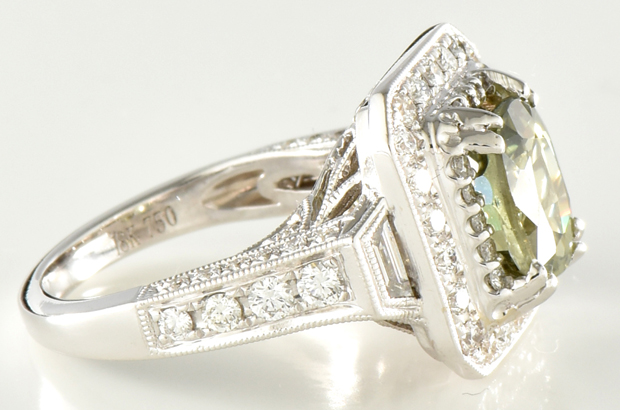 18K White Gold Diamond and GIA Green-Yellow Sapphire Ring 