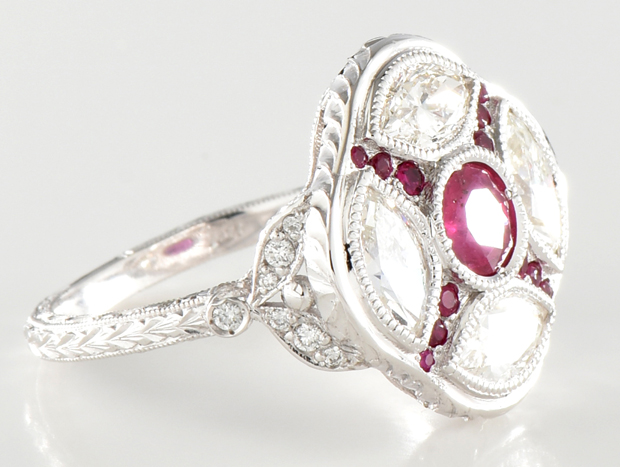 14K White Gold Diamond and Ruby Ring