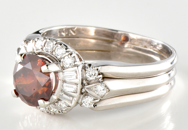 14K White Gold Treated Brownish Orangy Pink Diamond Ring