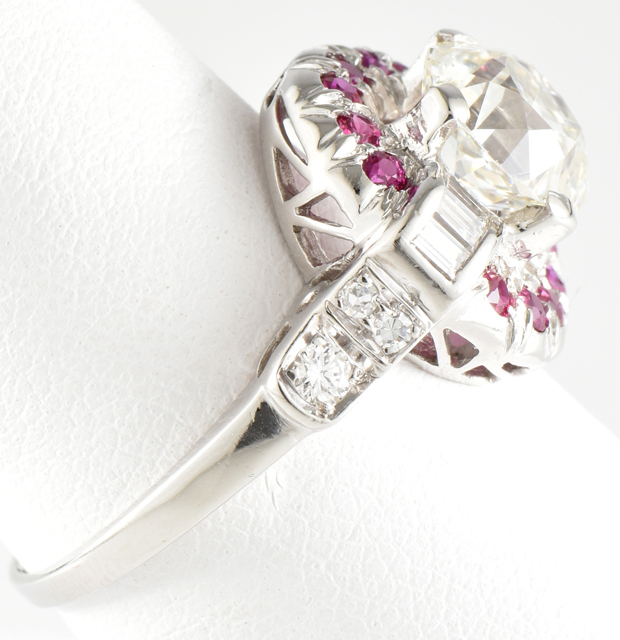 Platinum Diamond and Ruby Ring with a 2.11 Carat Old Mine Brilliant GIA  #5182195039