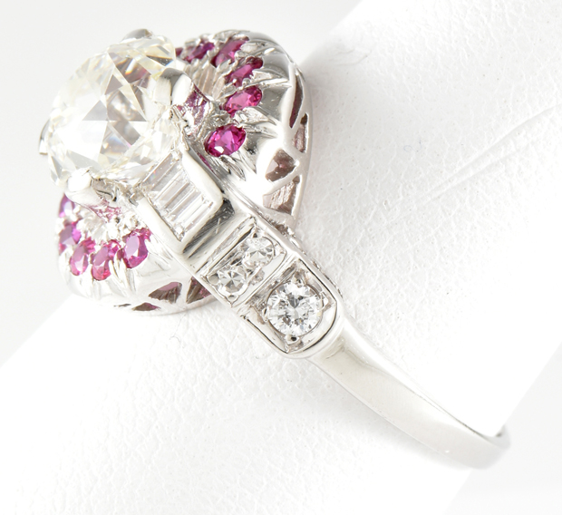 Platinum Diamond and Ruby Ring with a 2.11 Carat Old Mine Brilliant GIA  #5182195039