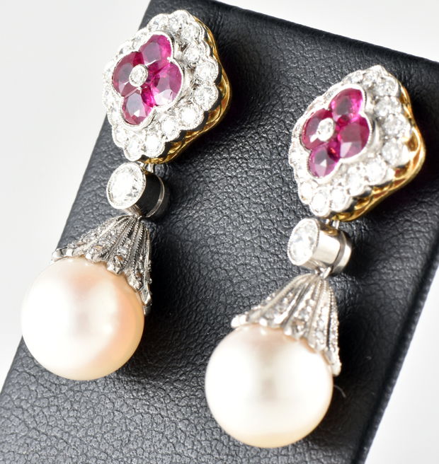 18K Yellow Gold Ruby and Pearl Earrings