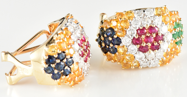 18K Yellow Gold Gemstone and Diamond Ring and Earring Set
