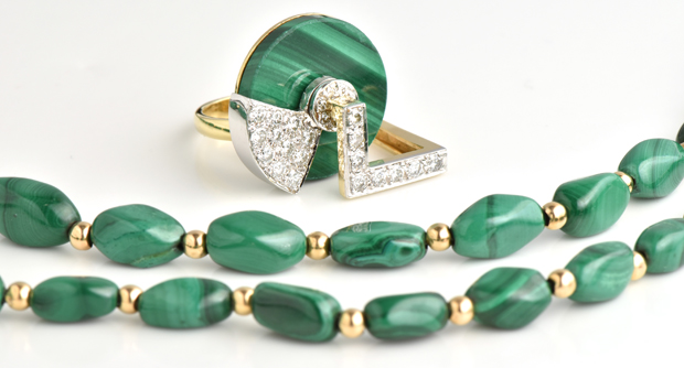 18K Yellow Gold Malachite Spinner Ring and Necklace