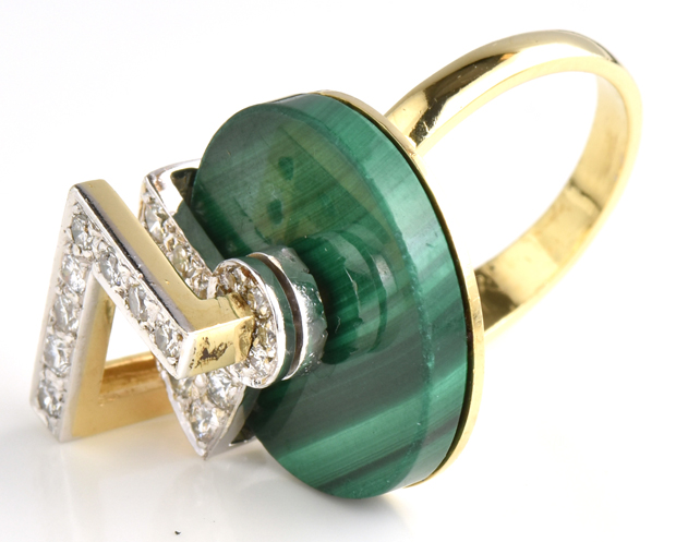 18K Yellow Gold Malachite Spinner Ring and Necklace