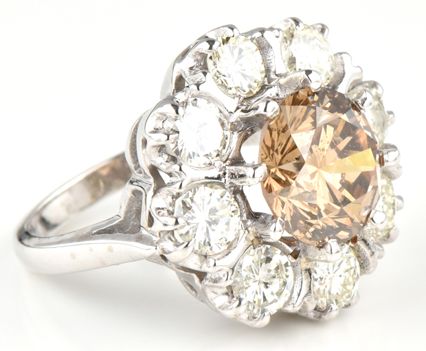 14K White Gold Diamond Ring with a 4.13 Carat Natural, Fancy Dark Yellowish Brown Round Diamond GIA #5181623019