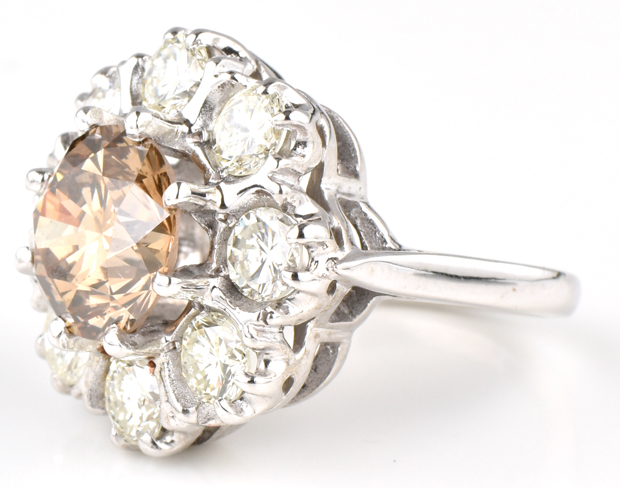 14K White Gold Diamond Ring with a 4.13 Carat Natural, Fancy Dark Yellowish Brown Round Diamond GIA #5181623019