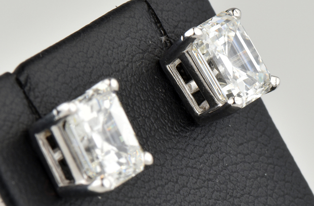 14K White Gold Emerald Cut Diamond Studs with 1.53 Carat GIA #2183629998 and 1.62 Carat GIA #2183629989