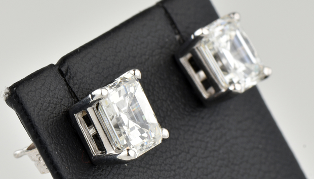 14K White Gold Emerald Cut Diamond Studs with 1.53 Carat GIA #2183629998 and 1.62 Carat GIA #2183629989