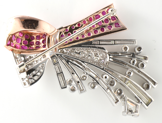 Platinum French Retro Ruby and Diamond Spray Pin