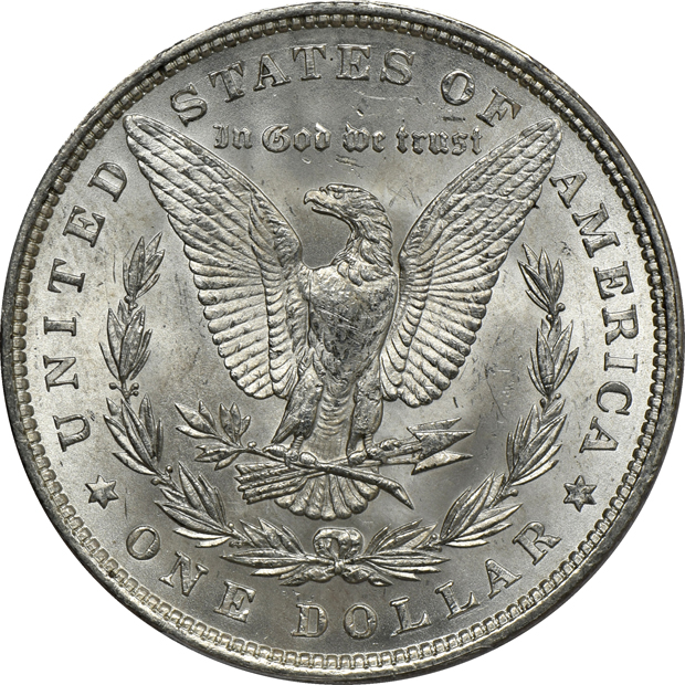 Seven certified Morgan silver dollars, all MS-64 CAC