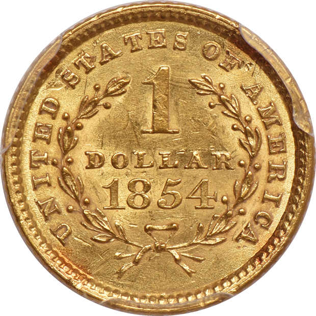 1849 Open Wreath NGC AU-58, and an 1854 Type 1 PCGS MS-62, both CAC