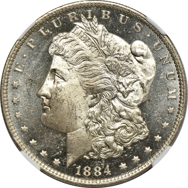 1883-CC MS-64 DPL CAC, and an 1884-O MS-64 DPL, both NGC