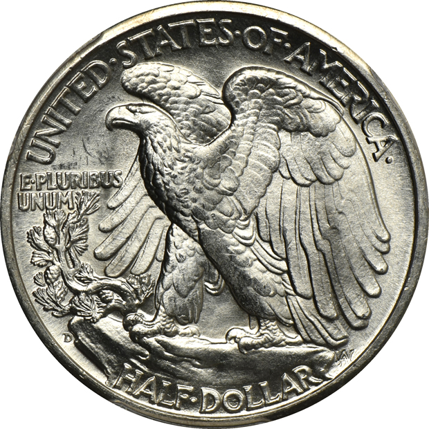 Five Walking Liberty half-dollars, all PCGS and CAC