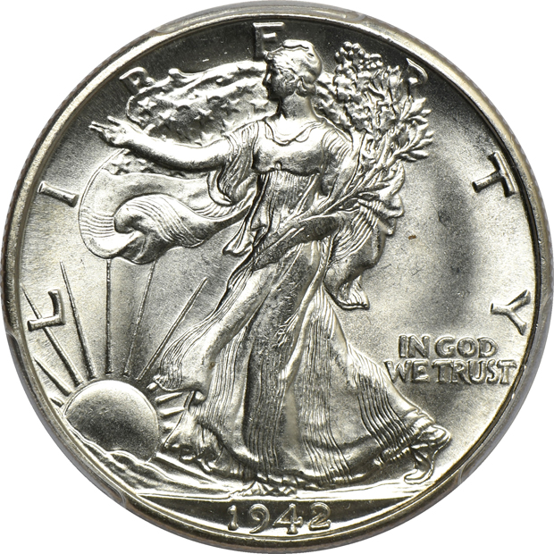 Five Walking Liberty half-dollars, all PCGS and CAC