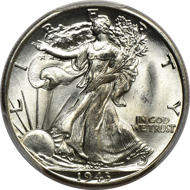 Five Walking Liberty half-dollars, all PCGS and CAC