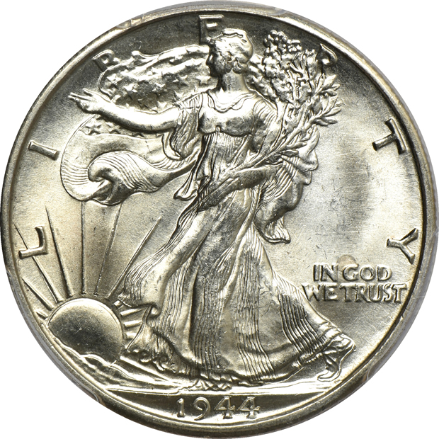 Five Walking Liberty half-dollars, all PCGS and CAC