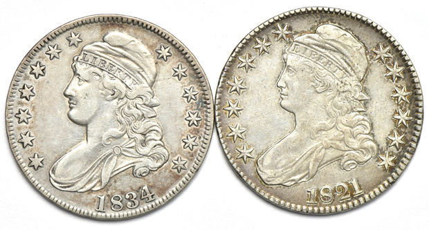 Seven Capped Bust half-dollars, as described