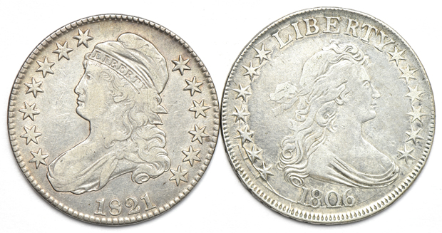 Seven Capped Bust half-dollars, as described