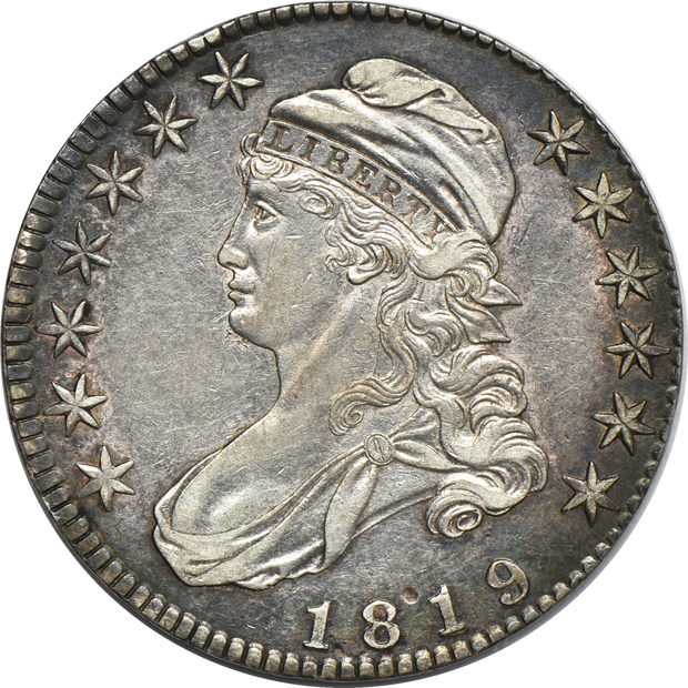 Seven Capped Bust half-dollars, as described
