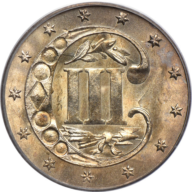 1862 three-cent silver PCGS MS-64, clashed dies obverse and reverse