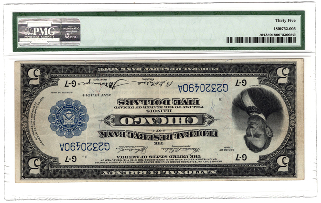 Error Currency - Inverted Back Error.  $5 1915 Federal Reserve Bank Note, Chicago FR# 794, PMG VF-35