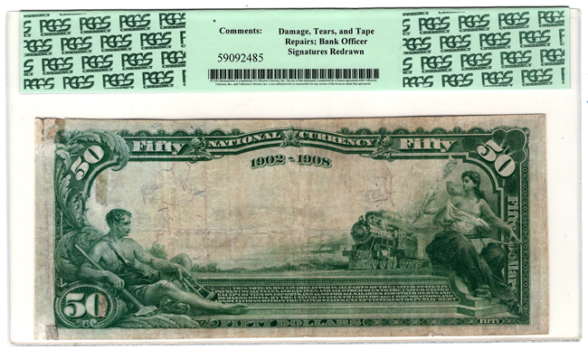1902 $50 Blue Seal Date Back - Seattle, WA Charter #4489 - PCGS VF-20/damage, tears, and tape repairs; signature redrawn
